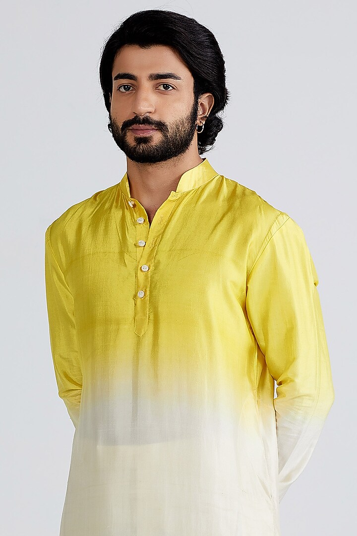 Lime & Ecru Silk Embroidered Kurta Set by MEGHA BANSAL MEN at Pernia's Pop Up Shop