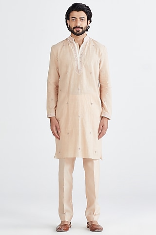 Pastel Peach Embroidered Kurta Set by MEGHA BANSAL MEN