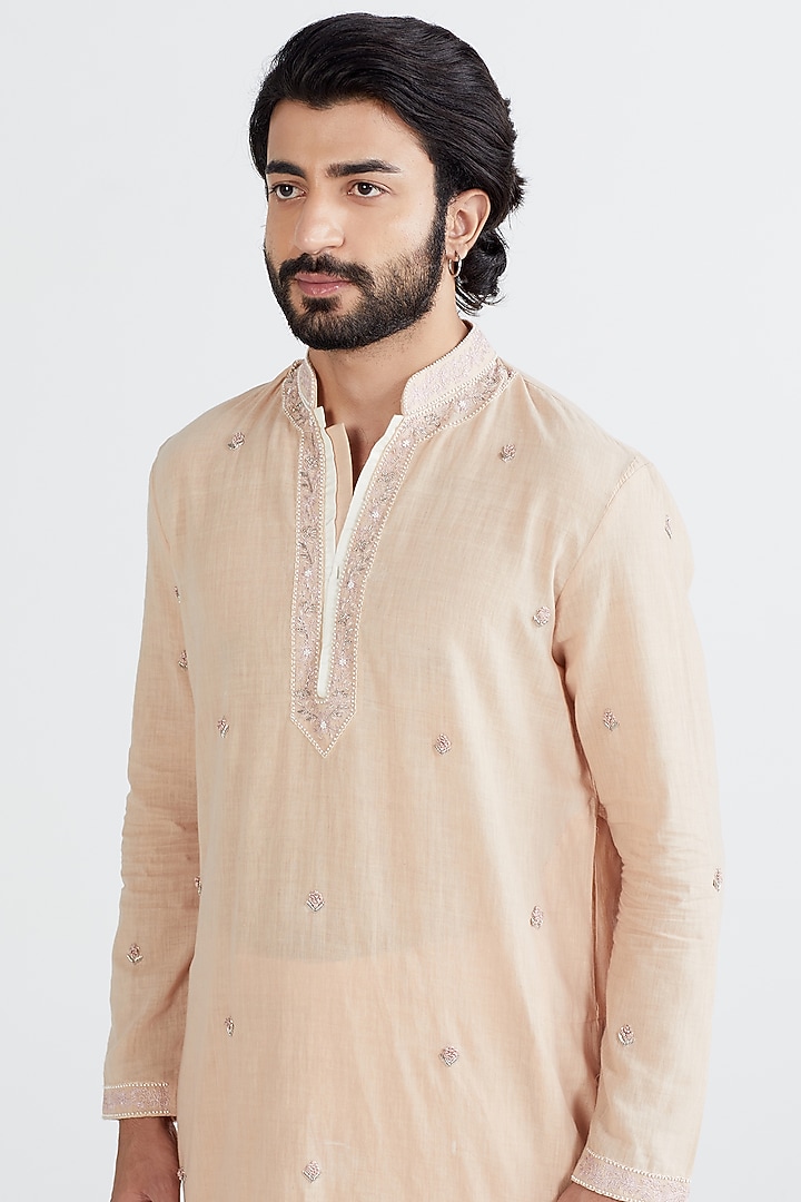 Pastel Peach Embroidered Kurta Set by MEGHA BANSAL MEN at Pernia's Pop Up Shop