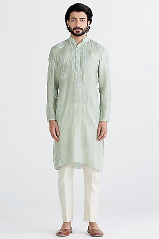 Mint Silk Embroidered Kurta Set by MEGHA BANSAL MEN