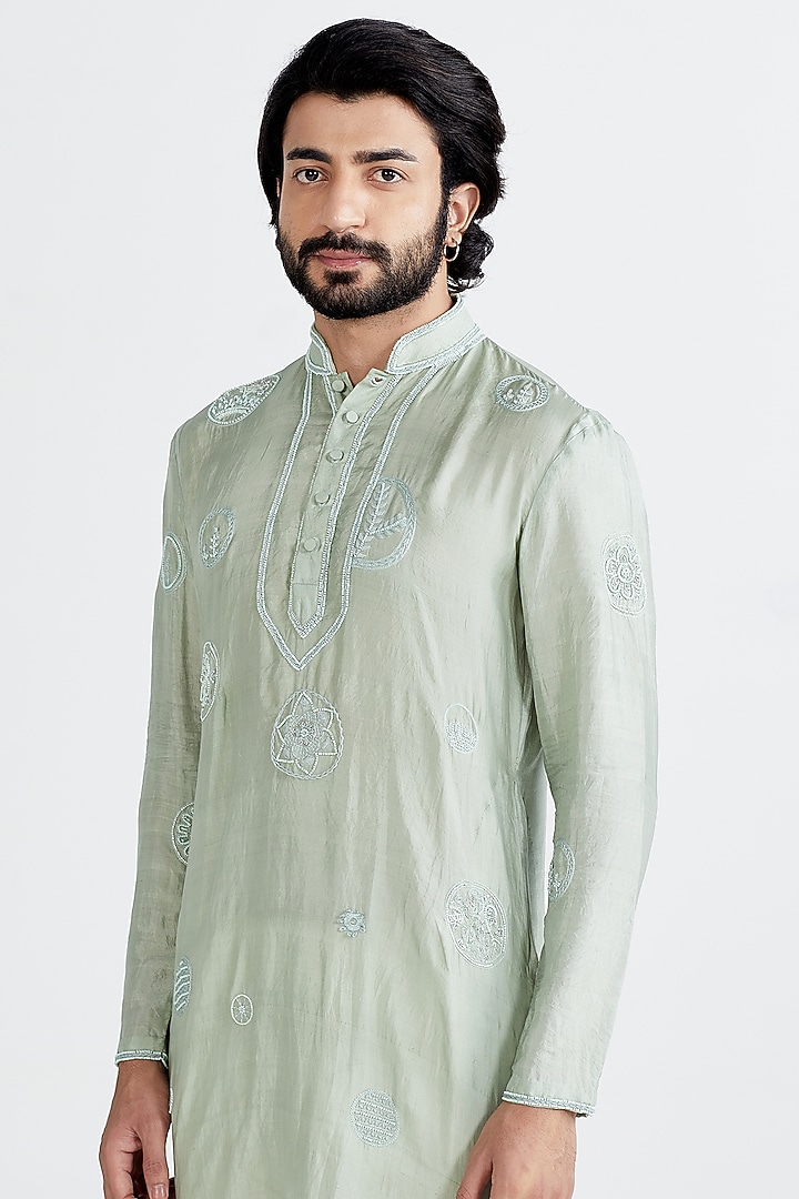Mint Silk Embroidered Kurta Set by MEGHA BANSAL MEN at Pernia's Pop Up Shop