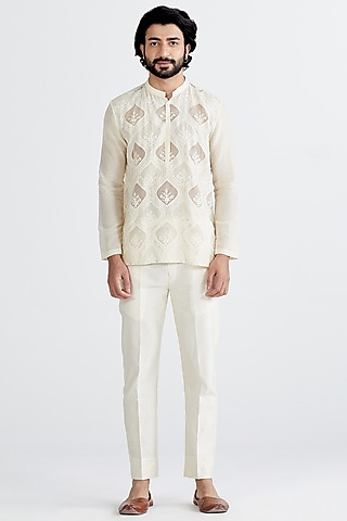 Ecru Zari Embellished Kurta Set by MEGHA BANSAL MEN