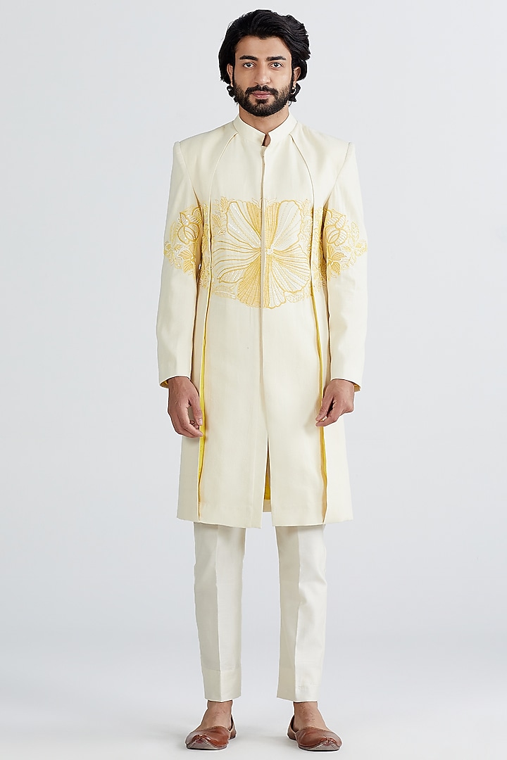 Ecru Silk Embellished Groom Sherwani Set by MEGHA BANSAL MEN at Pernia's Pop Up Shop