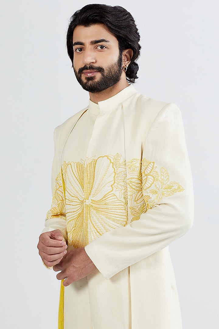 Ecru Silk Embellished Groom Sherwani Set by MEGHA BANSAL MEN at Pernia's Pop Up Shop