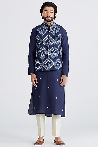 Navy Blue Embroidered Nehru Jacket With Kurta Set by MEGHA BANSAL MEN