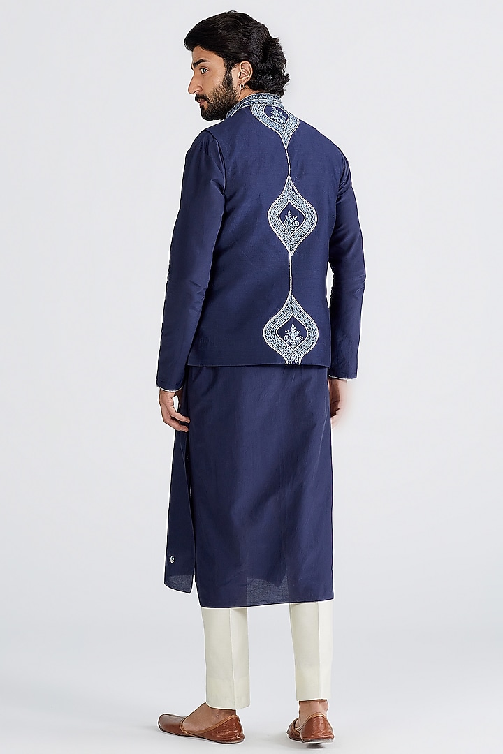 Navy Blue Embroidered Nehru Jacket With Kurta Set by MEGHA BANSAL MEN at Pernia's Pop Up Shop