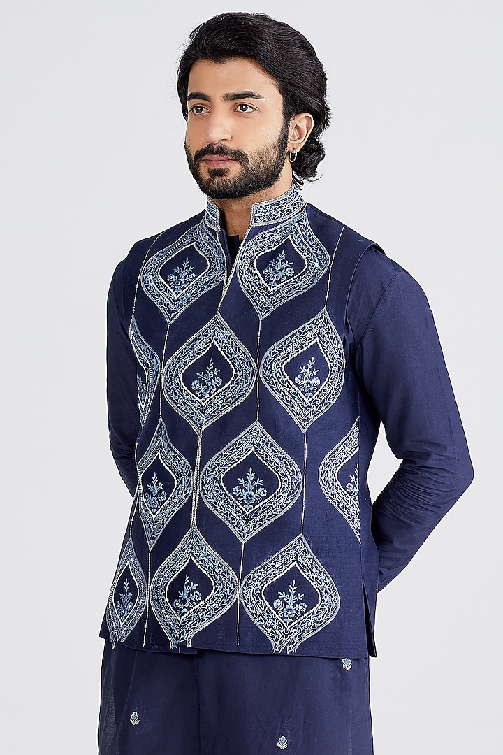 Navy Blue Embroidered Nehru Jacket With Kurta Set by MEGHA BANSAL MEN at Pernia's Pop Up Shop