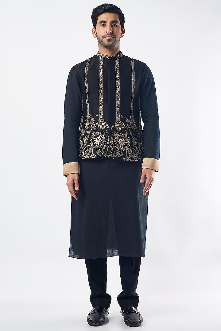 Black Silk Chanderi Kurta Set With Bundi Jacket by MEGHA BANSAL MEN at Pernia's Pop Up Shop