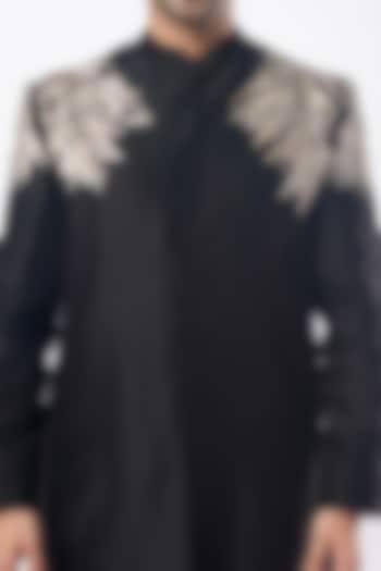 Black Silk Chanderi Wedding Sherwani Set by MEGHA BANSAL MEN at Pernia's Pop Up Shop