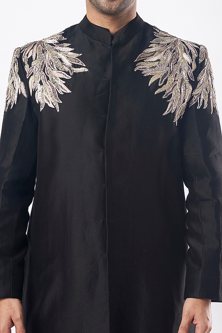 Black Silk Chanderi Wedding Sherwani Set by MEGHA BANSAL MEN at Pernia's Pop Up Shop