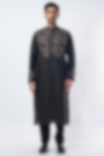 Black Silk Chanderi Kurta Set by MEGHA BANSAL MEN at Pernia's Pop Up Shop