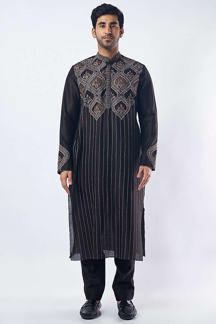 Black Silk Chanderi Kurta Set by MEGHA BANSAL MEN at Pernia's Pop Up Shop