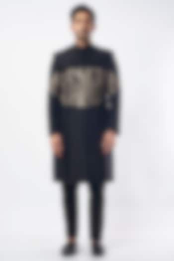 Black Matka Silk Groom Sherwani Set by MEGHA BANSAL MEN at Pernia's Pop Up Shop