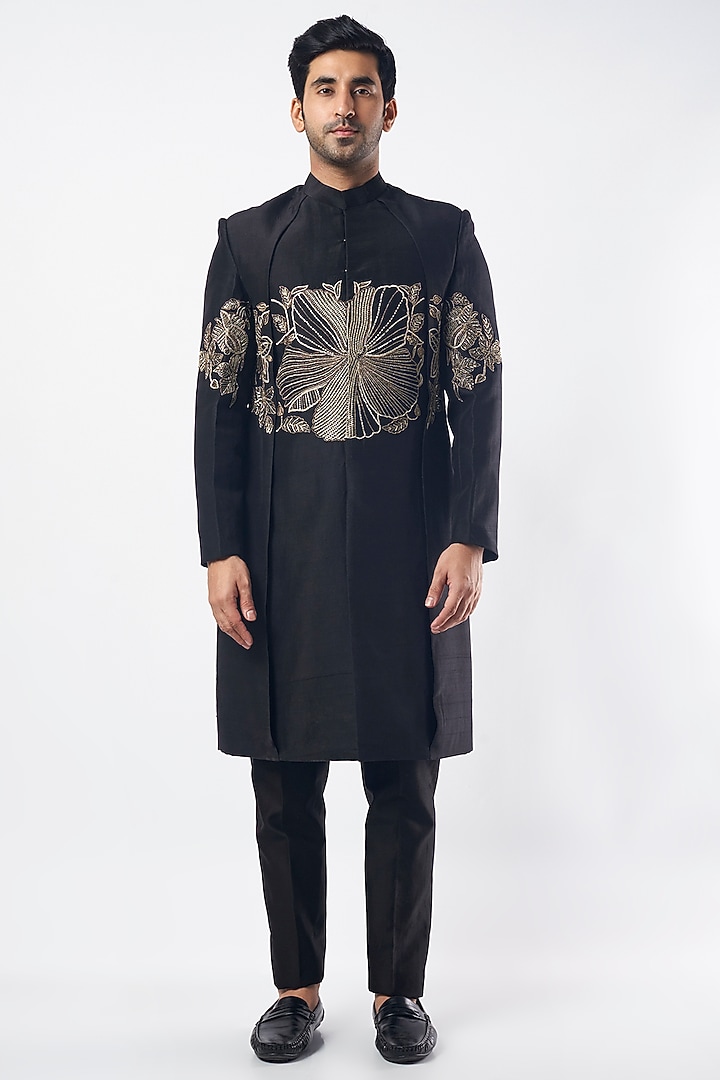 Black Matka Silk Groom Sherwani Set by MEGHA BANSAL MEN at Pernia's Pop Up Shop