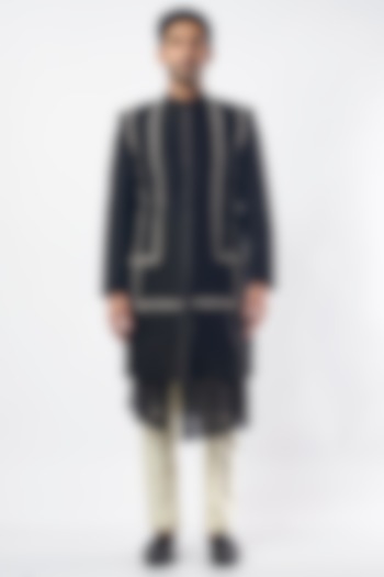 Black Silk Chanderi Kurta Set With Bundi Jacket by MEGHA BANSAL MEN at Pernia's Pop Up Shop