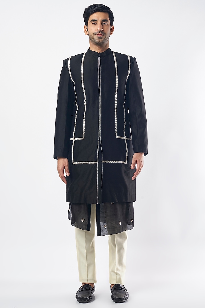 Black Silk Chanderi Kurta Set With Bundi Jacket by MEGHA BANSAL MEN at Pernia's Pop Up Shop
