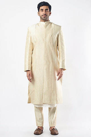 White Silk Sherwani Set by MEGHA BANSAL MEN
