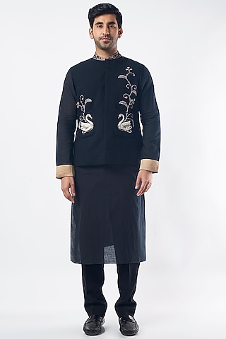 Black Silk Chanderi Kurta Set With Bundi Jacket by MEGHA BANSAL MEN