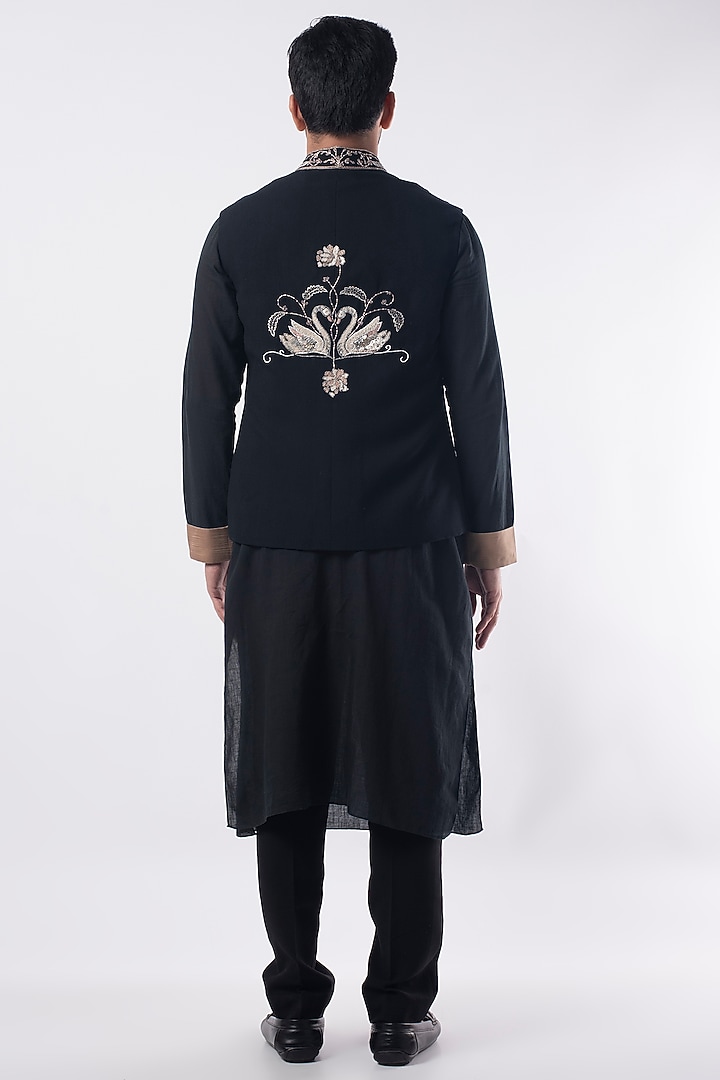 Black Silk Chanderi Kurta Set With Bundi Jacket by MEGHA BANSAL MEN at Pernia's Pop Up Shop
