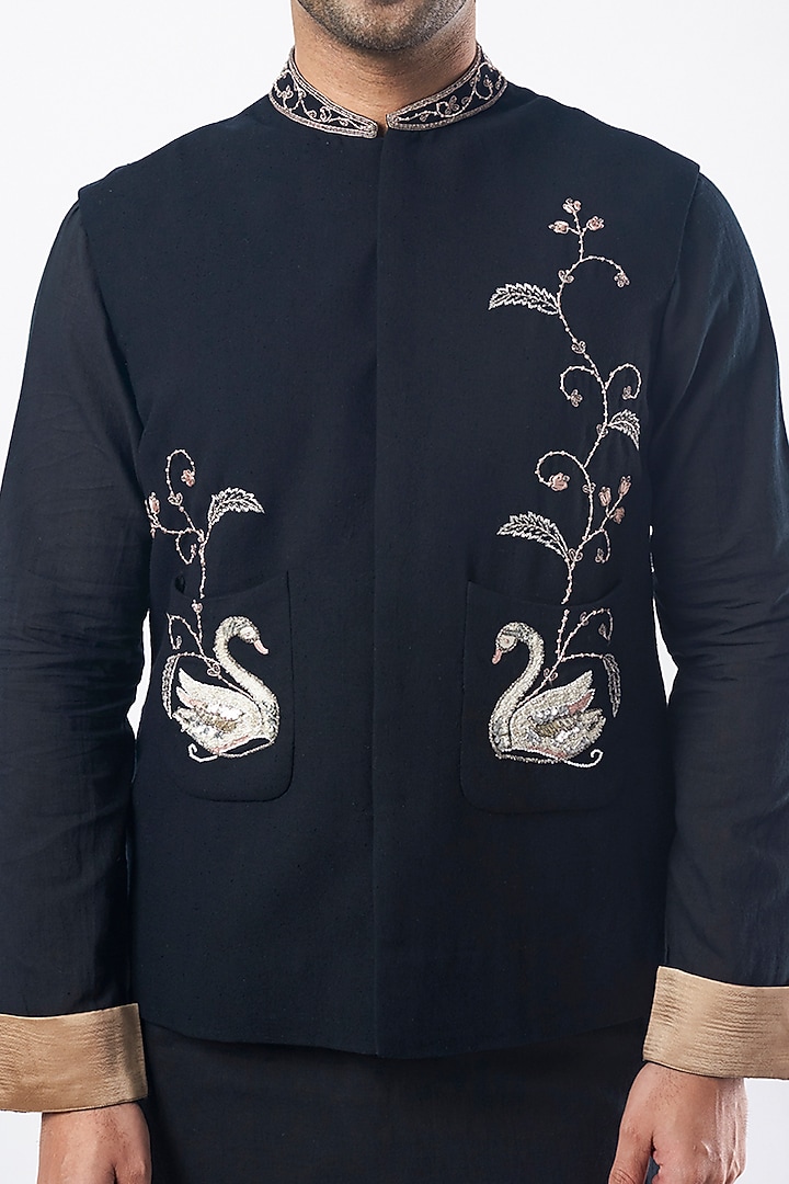 Black Silk Chanderi Kurta Set With Bundi Jacket by MEGHA BANSAL MEN at Pernia's Pop Up Shop