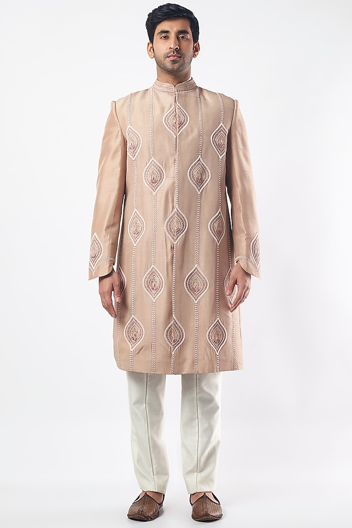 Nude Pink Silk Wedding Sherwani Set by MEGHA BANSAL MEN at Pernia's Pop Up Shop