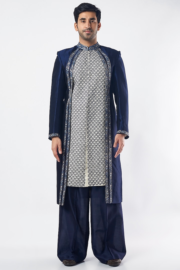 Navy Blue Silk Groom Sherwani Set by MEGHA BANSAL MEN at Pernia's Pop Up Shop