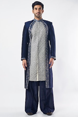 Navy Blue Silk Sherwani Set by MEGHA BANSAL MEN