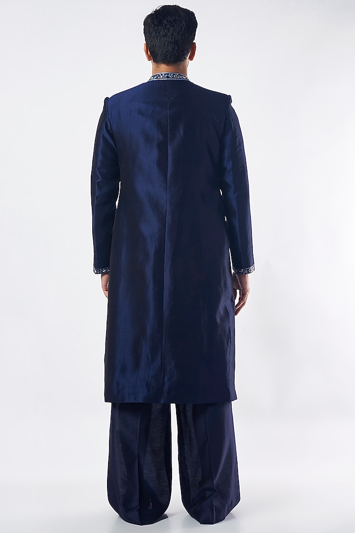 Navy Blue Silk Groom Sherwani Set by MEGHA BANSAL MEN at Pernia's Pop Up Shop