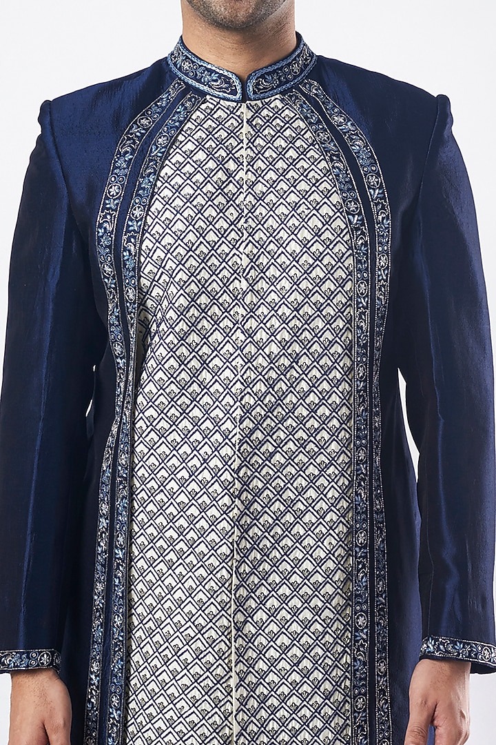Navy Blue Silk Groom Sherwani Set by MEGHA BANSAL MEN at Pernia's Pop Up Shop