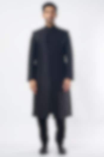 Black Silk Kurta Set With Indo Western Jacket by MEGHA BANSAL MEN