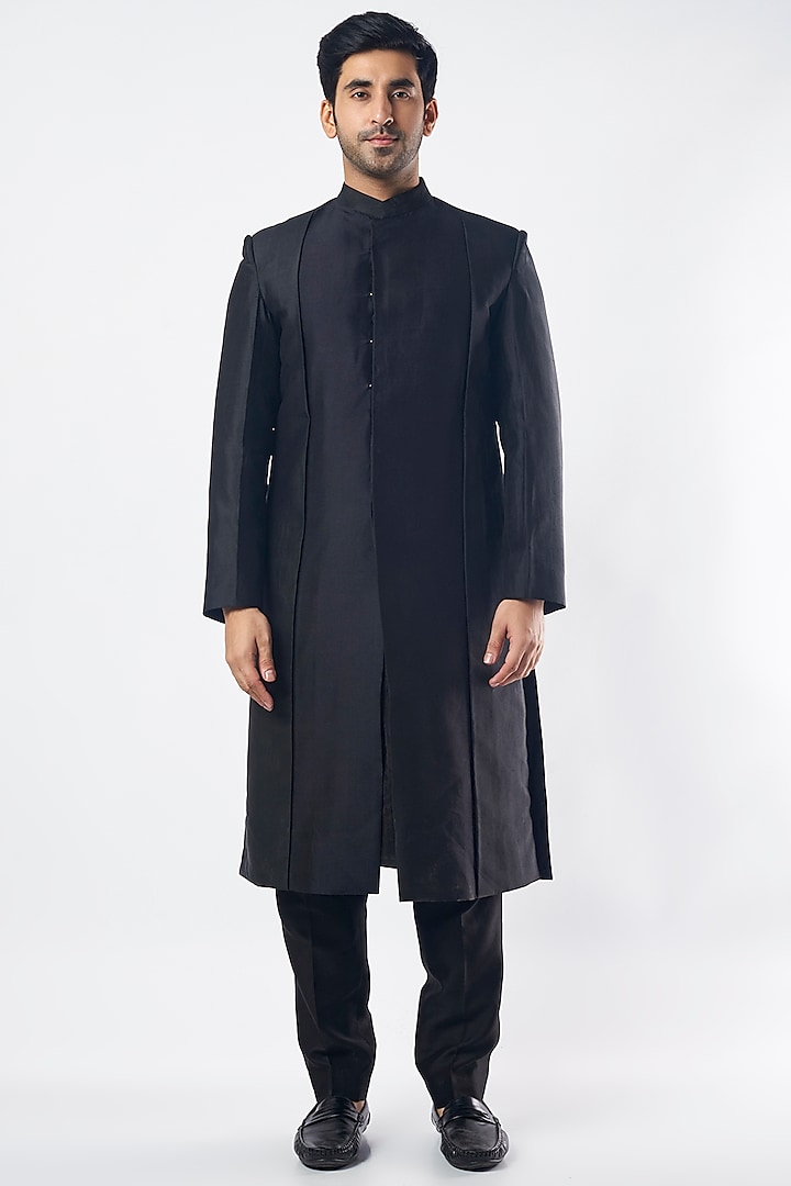 Black Silk Kurta Set With Indo Western Jacket by MEGHA BANSAL MEN