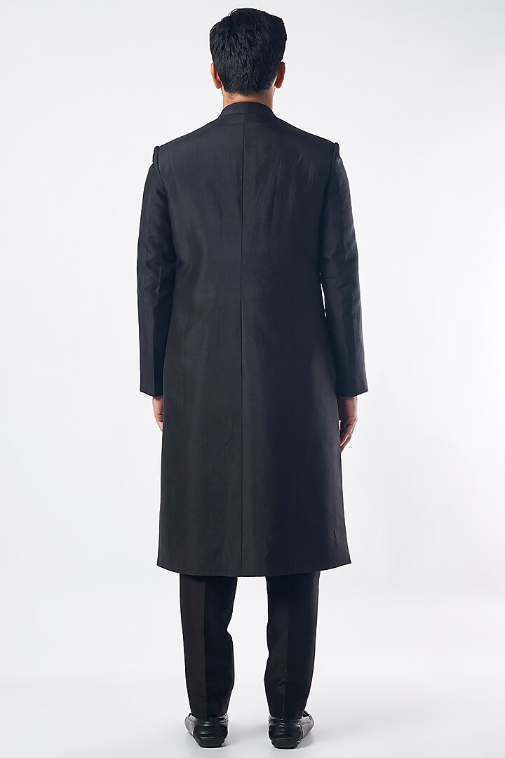 Black Silk Kurta Set With Indo Western Jacket by MEGHA BANSAL MEN at Pernia's Pop Up Shop