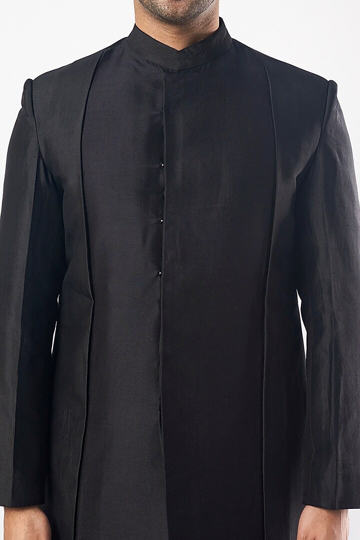 Black Silk Kurta Set With Indo Western Jacket by MEGHA BANSAL MEN at Pernia's Pop Up Shop