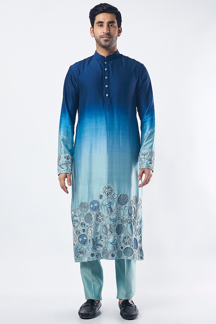 Blue Ombre Embroidered Kurta Set by MEGHA BANSAL MEN at Pernia's Pop Up Shop