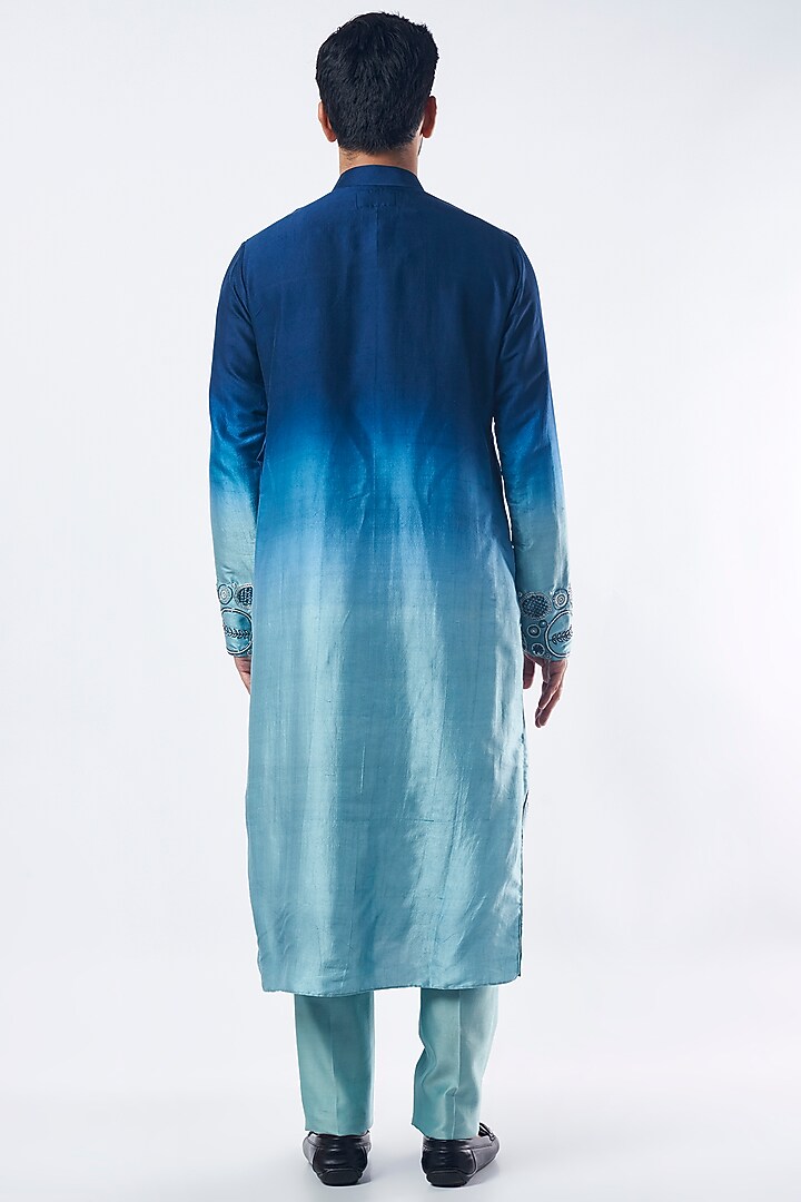 Blue Ombre Embroidered Kurta Set by MEGHA BANSAL MEN at Pernia's Pop Up Shop
