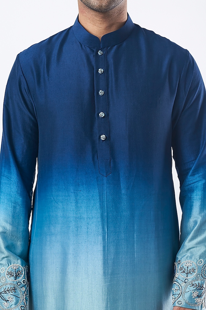 Blue Ombre Embroidered Kurta Set by MEGHA BANSAL MEN