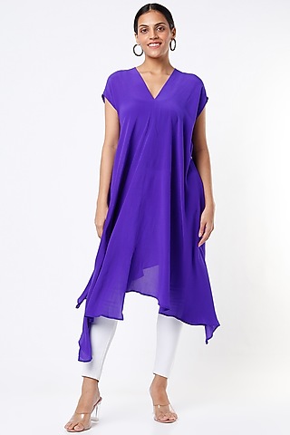 Iris Blue Crepe Asymmetric Draped Top by Megha Garg