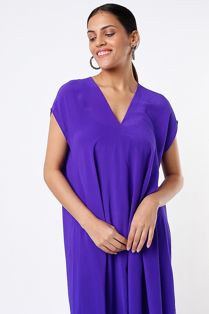Iris Blue Crepe Asymmetric Draped Top by Megha Garg at Pernia's Pop Up Shop