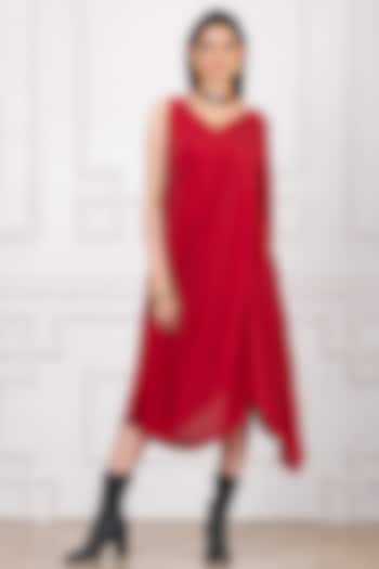 Red Art Crepe Draped Dress by Megha Garg