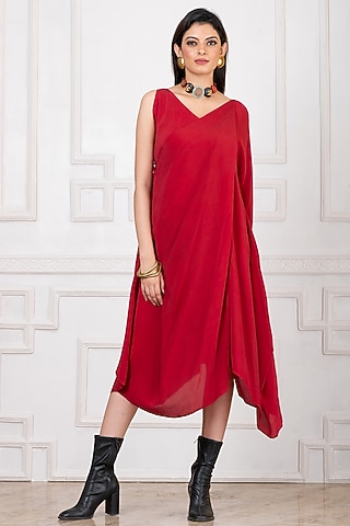 Red Art Crepe Draped Dress by Megha Garg