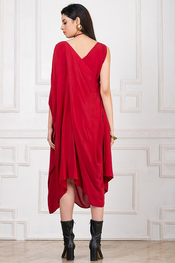 Red Art Crepe Draped Summer Dress by Megha Garg at Pernia's Pop Up Shop
