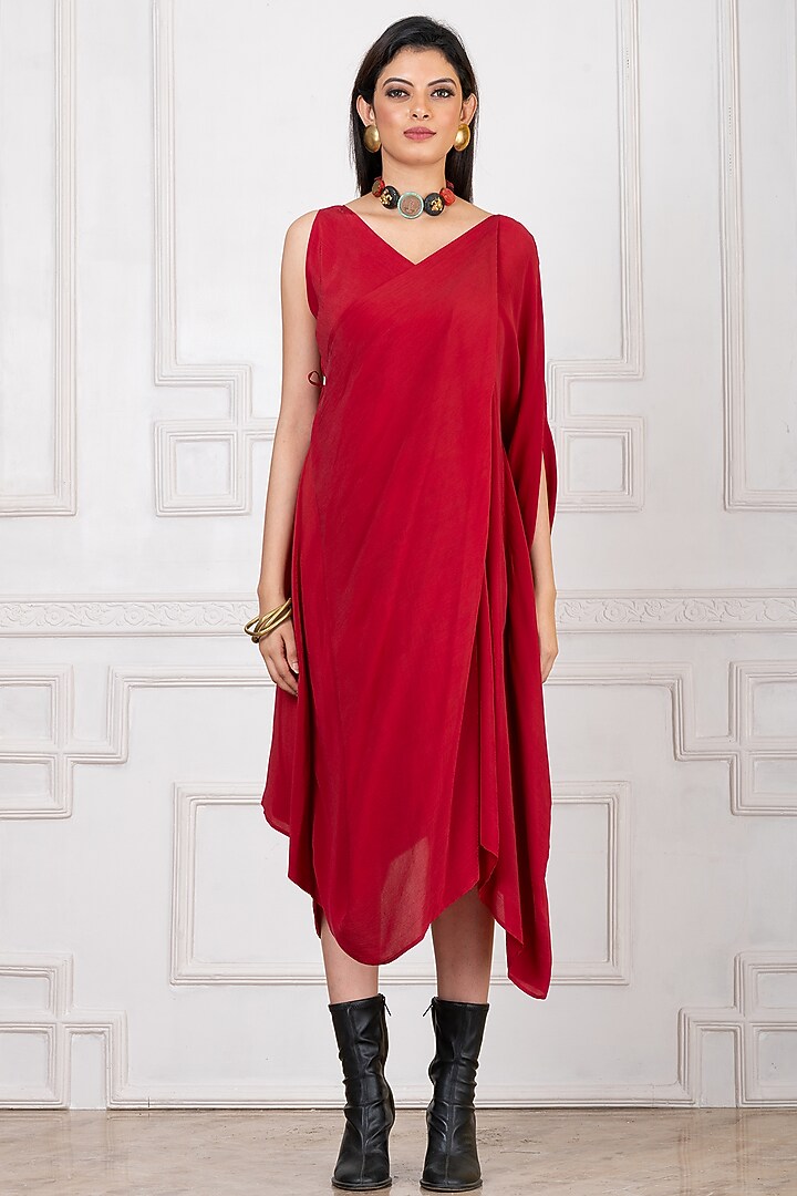 Red Art Crepe Draped Summer Dress by Megha Garg at Pernia's Pop Up Shop