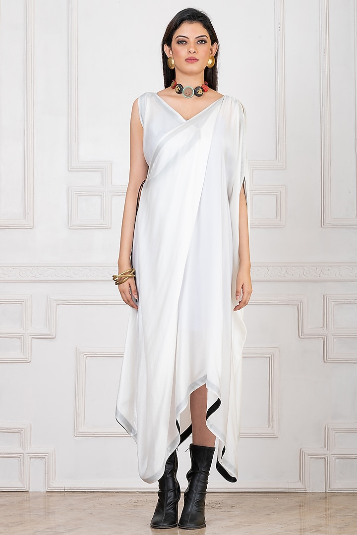 White Art Satin Georgette Draped Dress by Megha Garg at Pernia's Pop Up Shop