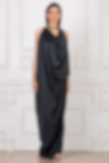 Cobalt Black Sandwash Satin Draped Halter Gown by Megha Garg