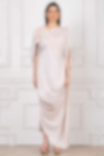 Off-White Sandwash Satin Thread Embroidered Draped Party Wear Gown by Megha Garg at Pernia's Pop Up Shop