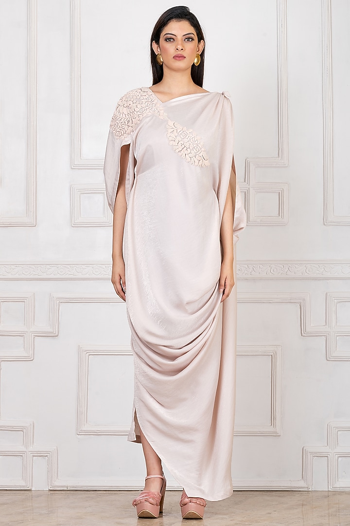 Off-White Sandwash Satin Thread Embroidered Draped Party Wear Gown by Megha Garg at Pernia's Pop Up Shop