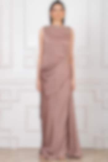 Brown Sandwash Satin Thread Embroidered Draped Gown by Megha Garg
