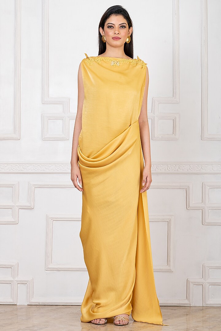 Yellow Sandwash Satin Thread Embroidered Draped Gown by Megha Garg