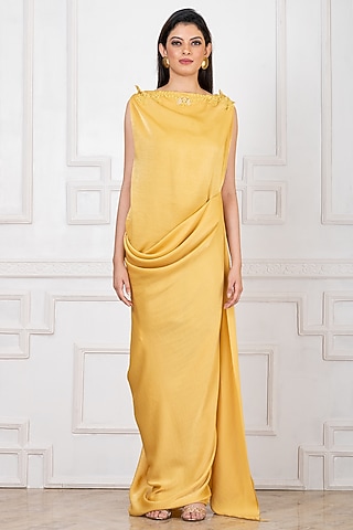 Yellow Sandwash Satin Thread Embroidered Draped Gown by Megha Garg