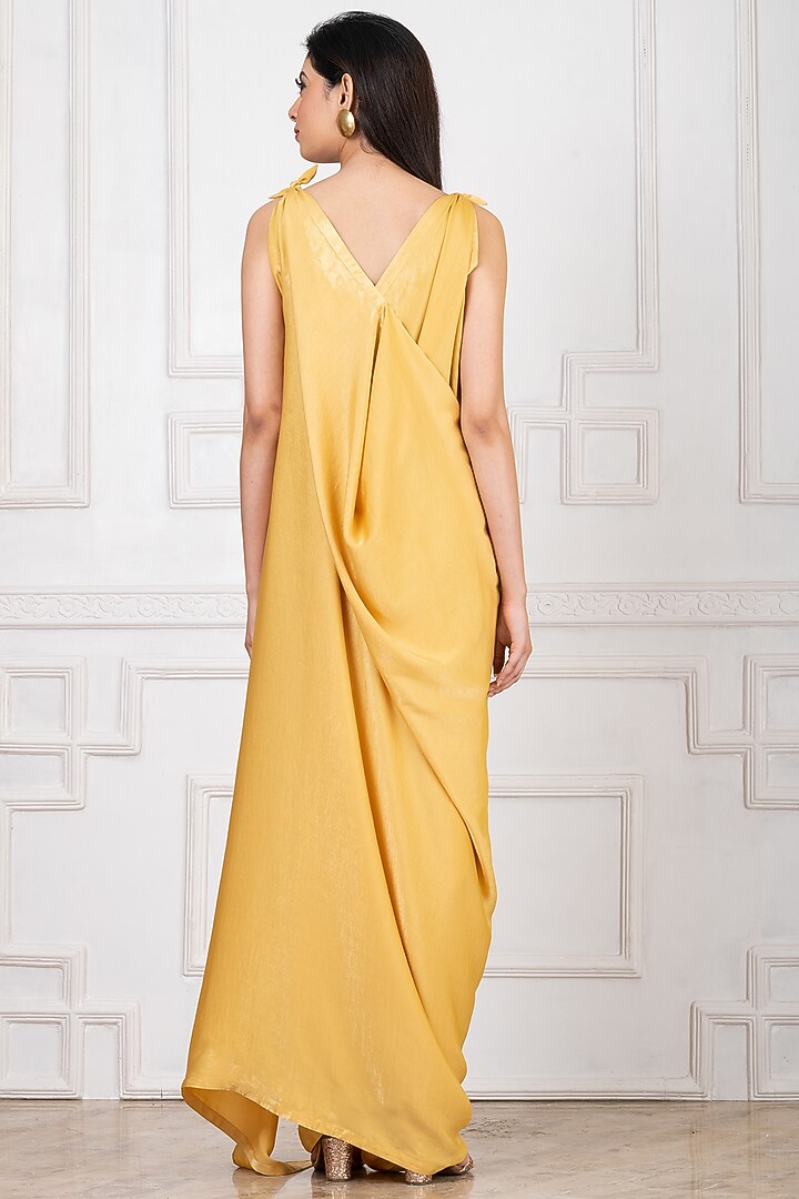 Yellow Sandwash Satin Thread Embroidered Draped Party Wear Gown by Megha Garg at Pernia's Pop Up Shop